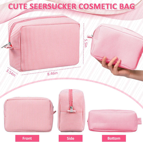 Sanwuta 3 Pack Seersucker Makeup Bag Gifts for Christmas Women Girls Preppy Birthday Gifts Idea for Teenage Travel Bag Stripe Cute Cosmetic Bag Pouch Toiletry Bag for Women (Pink, Blue, Green)