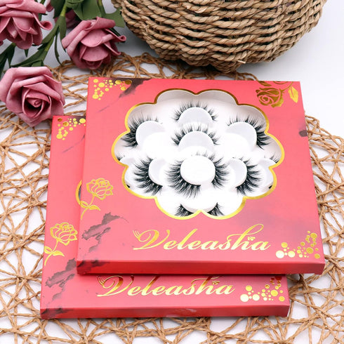 Veleasha 5D Faux Mink Lashes, 7 Pairs Pack, Handmade Wispy Fluffy Dramatic Eye Lashes, Luxurious Volume (5D09)