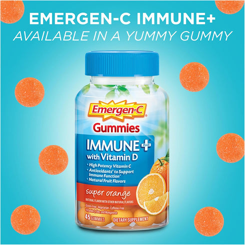 Emergen-C Immune+ Immune Gummies, Vitamin D plus 750 mg Vitamin C, Immune Support Dietary Supplement, Caffeine Free, Gluten Free, Super Orange Flavor - 45 Count