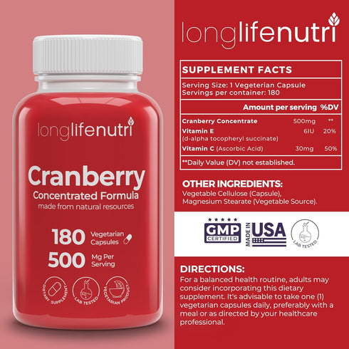 Cranberry Extract with Vitamin C & E - Pure Concentrated Formula, 500mg, 180 Vegetarian Capsules, Urinary Tract Health