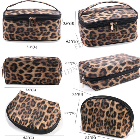Makeup Bag Leopard 3 Pack, Portable Travel Toiletry Bag Organizer with Small Brush Holders, Waterproof Storage Case for