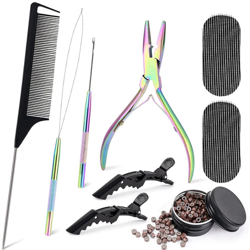 NEWISHTOOL Hair Extension Tool Kit with 300 PCS Silicone Beads, Micro Links Beading Pliers, and Accessories