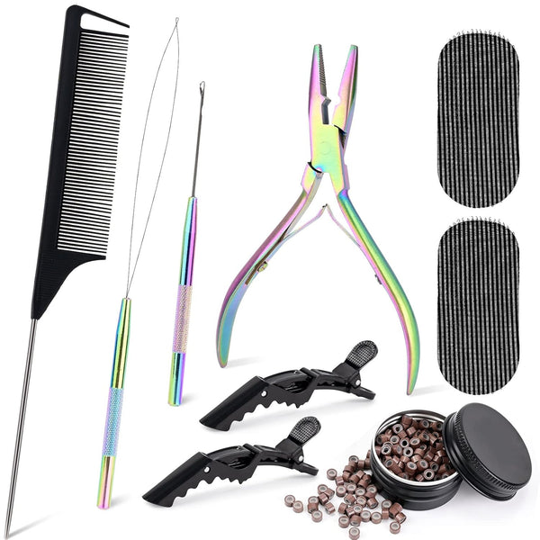NEWISHTOOL Hair Extension Tool Kit with 300 PCS Silicone Beads, Micro Links Beading Pliers, and Accessories