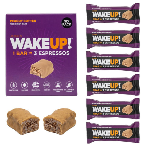 WAKE UP! Caffeinated Peanut Butter Protein Bars, Gluten Free, 350mg Caffeine, 6 Pack, Boosts Focus and Clarity