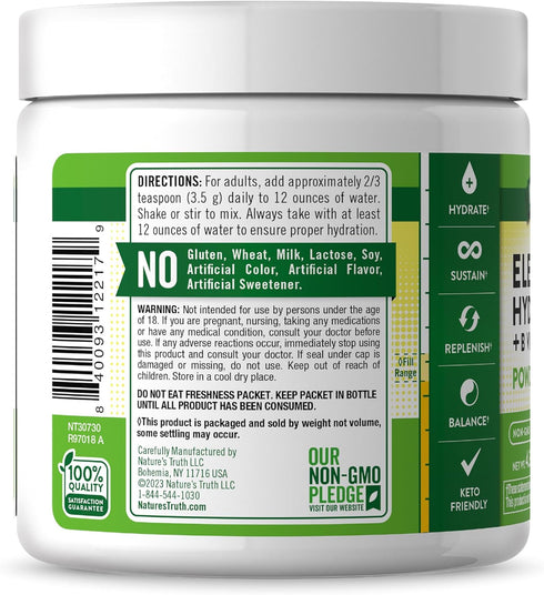 Nature's Truth Electrolytes Powder, No Sugar, Vegan, Non-GMO, Gluten Free Supplement for Hydration, Lemon Flavor