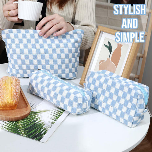 3 Pcs Checkered Makeup Bag Set for Girls Women, Large Capacity Travel Organizer Toiletry Pouch