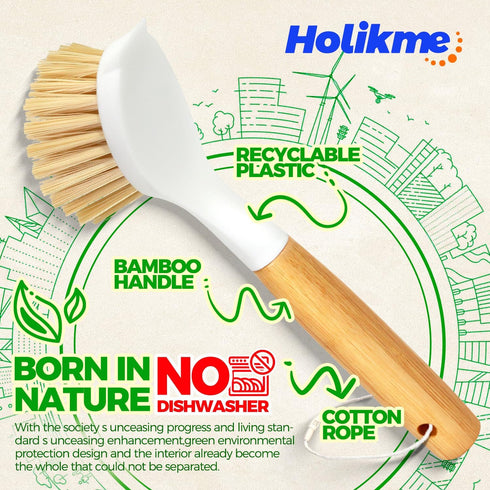 Holikme 3 Pack Dish Brush Set, Bamboo Handle Kitchen Scrub Brush for Cleaning Dish, Pot, Sink, and Stove