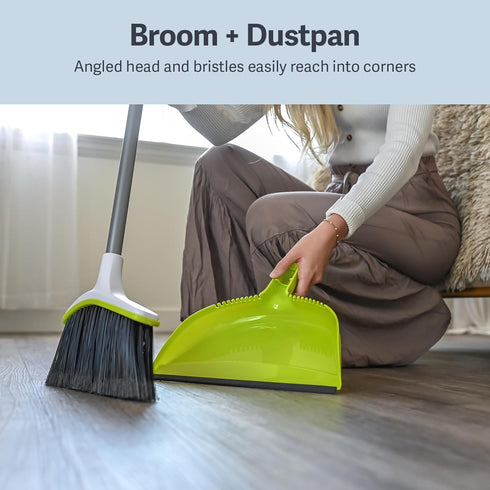 Casabella Broom & Dustpan Set, 44-Inch Angled Broom with Snap-On Dustpan for Tile, Wood, and Laminate Floors