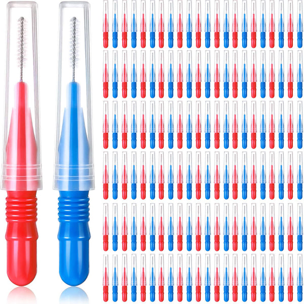150 Pieces Interdental Brush Toothpick, Oral Interdental Brush Flosser Cleaners, Red, Blue, 0.1 Inch