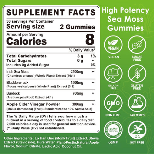 Sea Moss Gummies, Irish Sea Moss Supplement for Adults & Kids, Vegan with Organic Bladderwrack & Burdock Root
