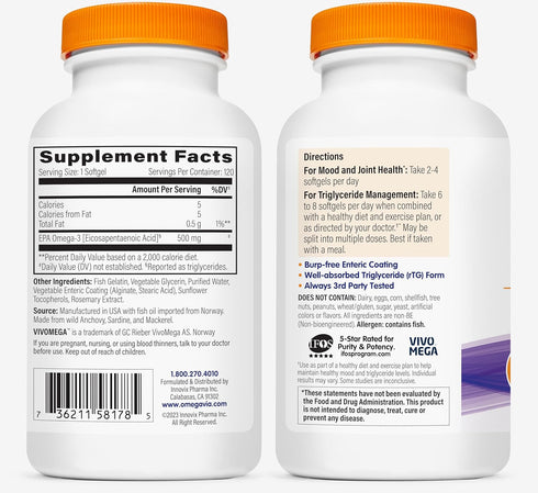 OmegaVia EPA 500, Purified Omega 3 Fish Oil Softgels, 500 mg EPA, 120 ct - Non-GMO, Gluten Free
