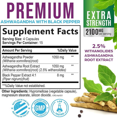 Nature's Strength 60 Ashwagandha Supplements - High-Absorption Ashwagandha Root Extract Powder with Black Pepper