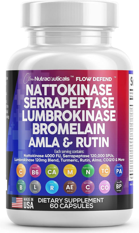 Clean Nutraceuticals Nattokinase 4000 FU with Serrapeptase, Bromelain & Papaya Enzymes, 120 Capsules