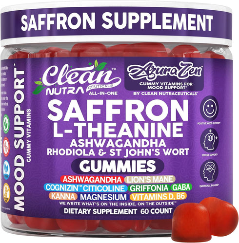 AuraZen Mood Support Saffron Gummies L-Theanine Ashwagandha Rhodiola St John's Wort Lions