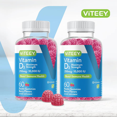 Vitamin D3 Gummies for Adults & Teens - 10,000 IU, 250mcg, Maximum Strength - Joint & Muscle Health, Immune Boost - Chewable Vitamin D Gummies - Vegetarian, Gelatin Free - Tasty Berry Flavored Gummy
