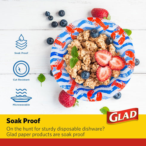 Glad Everyday Round Disposable Paper Bowls, Lobster Waves Design, Microwavable, 12oz, 50 Count