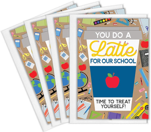 Tiny Expressions Teacher Appreciation Coffee Gift Card Holders, Set of 4 with Envelopes, School Themed