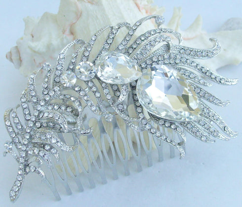 Sindary Bridal Headpiece, 4.33" Rhinestone Crystal Peacock Feather Hair Comb for Women