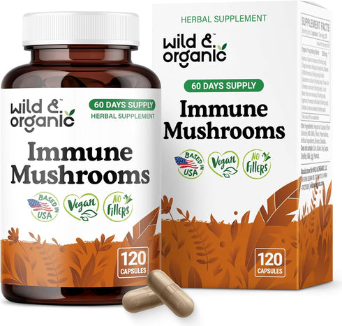 Wild & Organic Immune Mushroom Blend Capsules - 8 Mushroom Complex Supplements