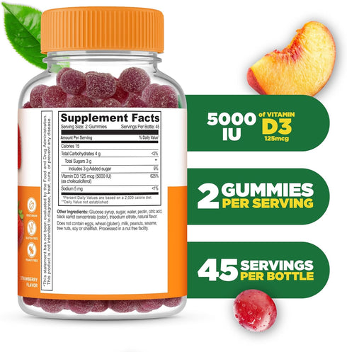 Lifeable Vitamin D 5000 IU - Great Tasting Natural Flavor Gummy Supplement - Gluten Free Vegetarian GMO-Free Chewable - for Strong and Healthy Bones - for Adults, Men, Women - 90 Gummies