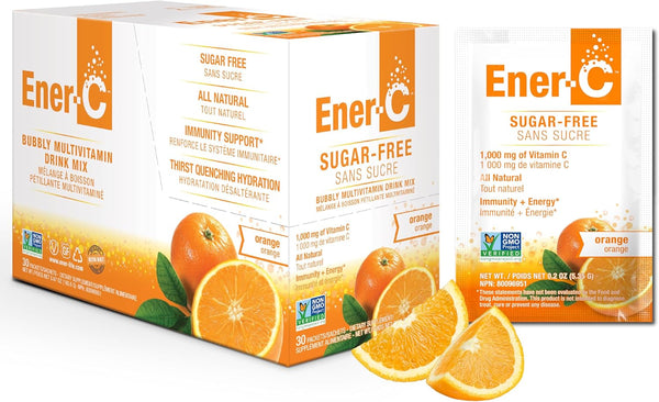 Ener-C Sugar Free Energy Drink Mix, Orange Multivitamin with 1000mg Vitamin C & Electrolytes, 30 Count, Non-GMO Vegan