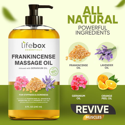 Frankincense Massage Oil - 100% Pure & Natural - 8 FL OZ for Soreness, Stiffness, Stretch Marks, Scars
