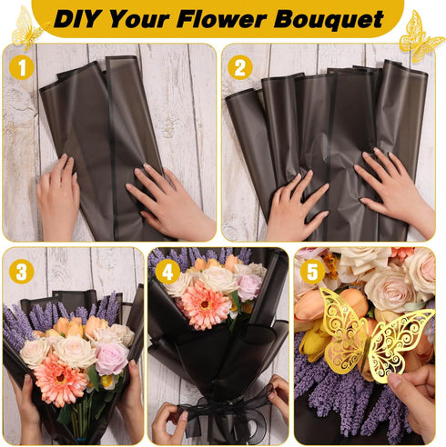 ROADPLUM 20 Sheet Black Flower Wrapping Paper, Bouquet Wrap Kit with 12 Butterflies and 1 Ribbon