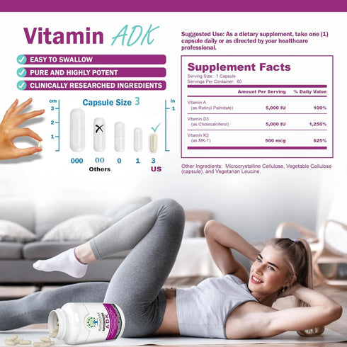 ADK Vitamin Supplement - Enhanced Bone Health with High Potency Vitamins A, D3, K2, 60 Capsules (Pack of 2)