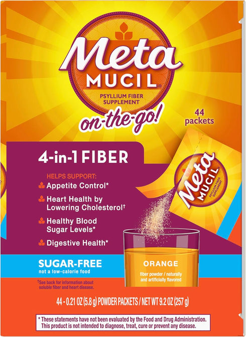 Packets, 44 Packets, 4-in-1 Metamucil On-the-Go Sugar-Free, Psyllium Husk Fiber Supplement, Orange Flavored, Individual