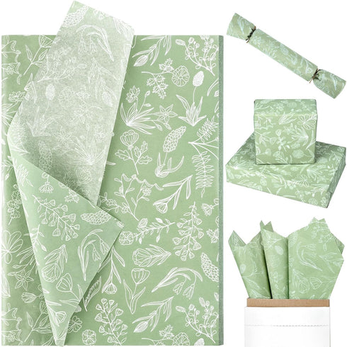 100 Sheets Sage Green Wildflowers Tissue Paper, Green White Floral Printed for Boho Themed Baby Shower, Weddings