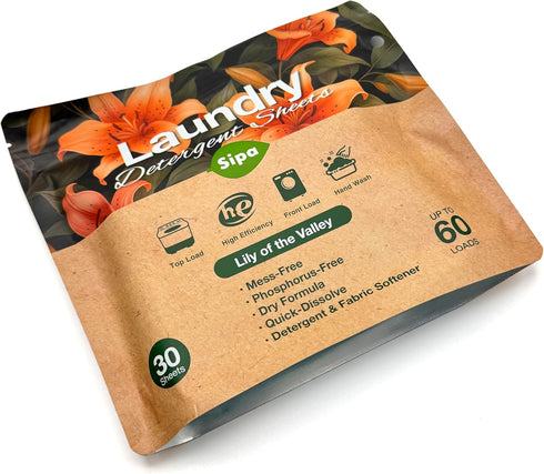 SIPA Laundry Detergent Sheets Bag - 30 Sheets, Up to 60 Loads, Eco-Friendly, Phosphorus-Free, High Efficiency, Lily of