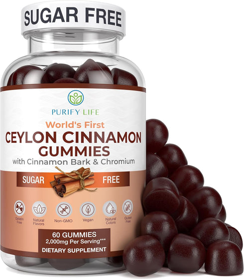 Purify Life Sugar-Free Ceylon Cinnamon Gummies (2,000mg/Serving) Vegan, Gluten-Free Herbal Cinnamon Supplement Replace Cinnamon