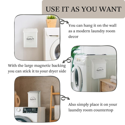 Magnetic Lint Bin for Laundry Room, Metal Trash Can with Lid, Laundry Co Sign, White