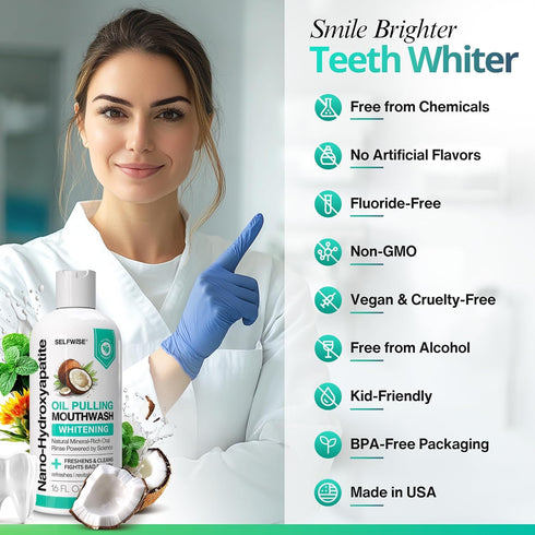 SELFWISE 16oz Nano-Hydroxyapatite Oil Pulling Whitening Mouthwash for Teeth and Gums, Natural & Organic, Whitens Teeth