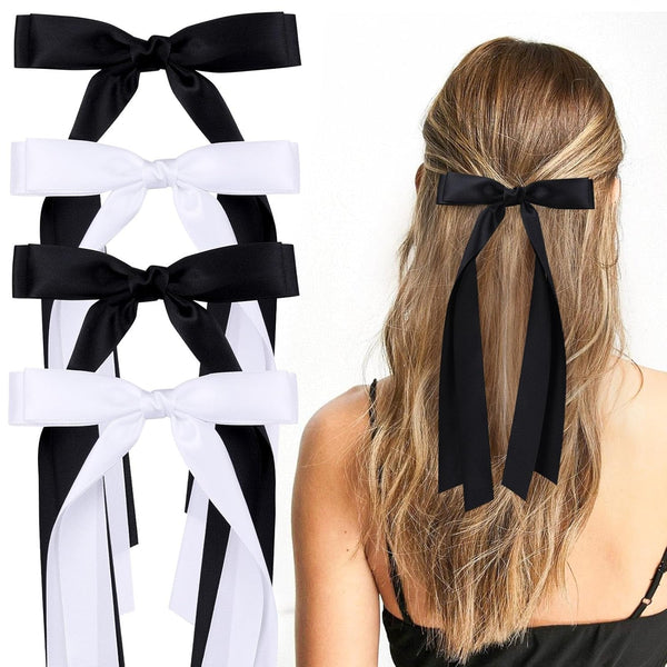 VOBOBE 4PCS Hair Bows for Women Girls, Black White Satin Tassel Bowknot Hair Clips Barrettes with Long Tail