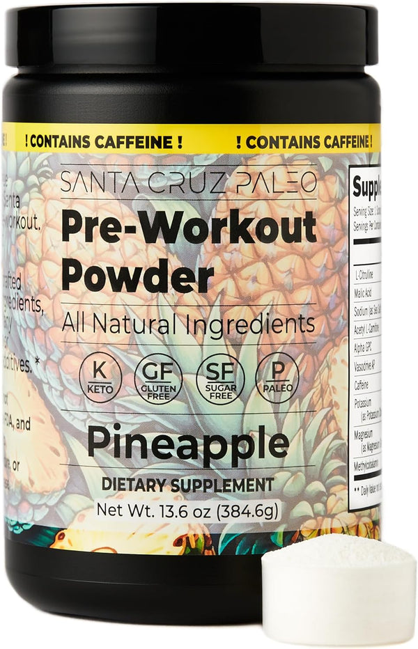 Santa Cruz Paleo Natural Pre Workout Powder, Pineapple, Keto Electrolytes with Magnesium, 30 Servings for Energy &