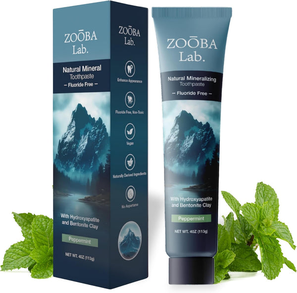 Zooba Natural Fluoride Free Toothpaste with Hydroxyapatite Remineralizing Whitening Bentonite Clay, Vegan -