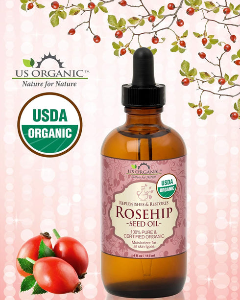 US Organic Rosehip Seed Oil, 4 oz - USDA Certified Organic, Cold Pressed in Amber Glass Bottle
