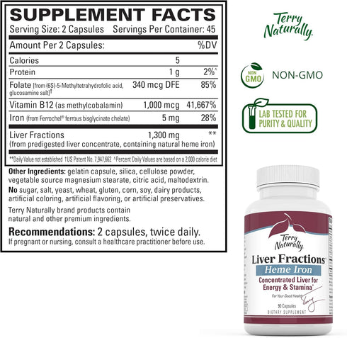 Terry Naturally Liver Fractions - 90 Capsules, Beef Liver Concentrate for Energy & Stamina, Non-GMO