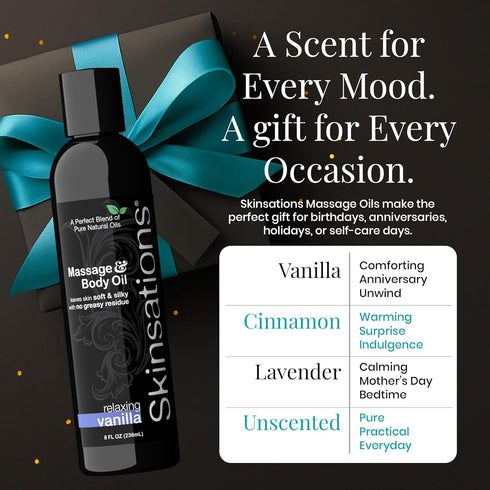 Skinsations Vanilla Massage Oil for Couples Relaxing Aromatherapy Body Oil for Massage Therapy Sweet Almond, Coconut
