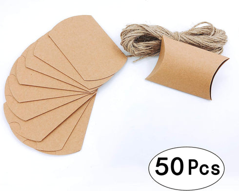 Vintage Kraft Paper Pillow Candy Box, Thank You Treat Box Kit, Rustic Gift Boxes with Twine for Wedding Favors, 50pc