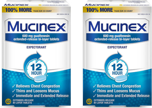 Mucinex 12 Hr Chest Congestion Expectorant Tablets, 40 ea (Pack of 2)