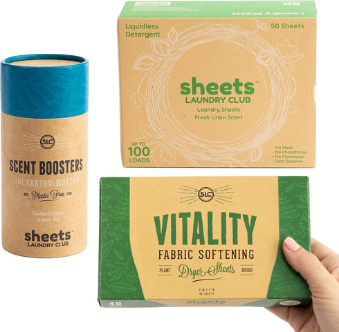 Sheets Laundry Club All In One Laundry Kit, 50 Fast Dissolving Fresh Linen Laundry Sheets, 1-8oz Scent Booster