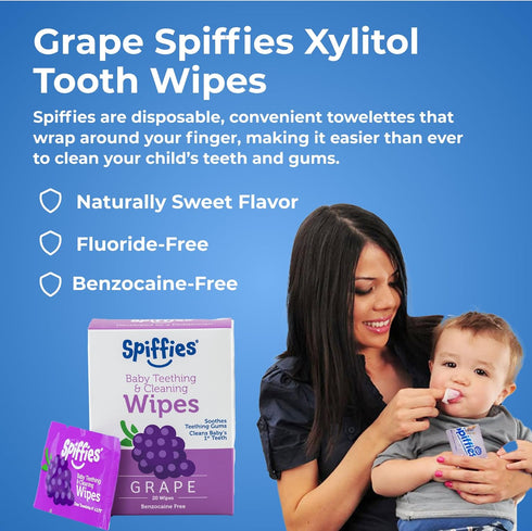 Baby Teeth Wipes, Grape Flavor, Xylitol-Enriched Dental Wipes, 20 Count, Pack of 3