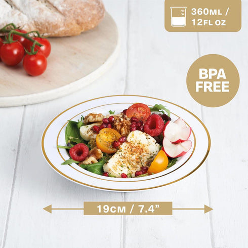 MATANA 25 Pack Plastic Bowls for Parties in White with Gold Rims, 7.5" Inch (12oz) Reusable for Events and Picnics