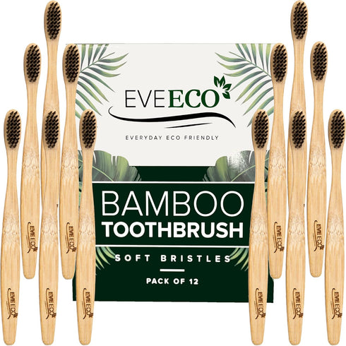 12 Count Bamboo Toothbrush, Soft Bristles for Sensitive Gums, Charcoal, Vegan, Natural Wood, BPA Free