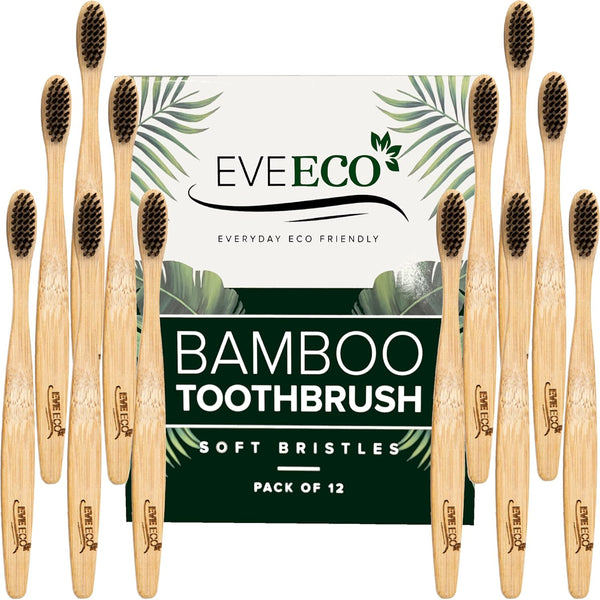 12 Count Bamboo Toothbrush, Soft Bristles for Sensitive Gums, Charcoal, Vegan, Natural Wood, BPA Free