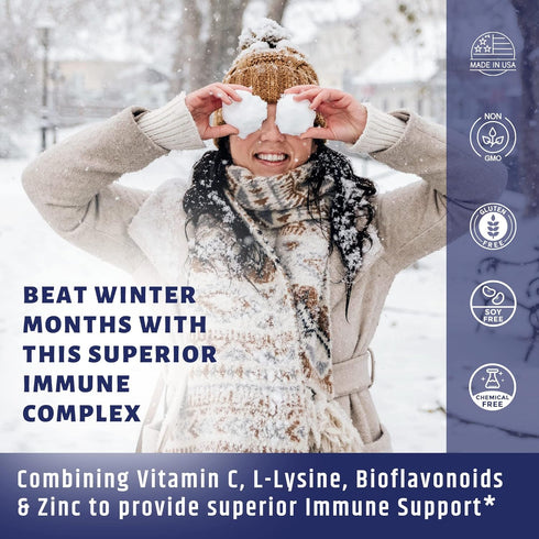 Vitamin C 1000mg Complex with L-Lysine 500mg, Zinc 12mg, Bioflavonoids 300mg for Healthy Immune System Support