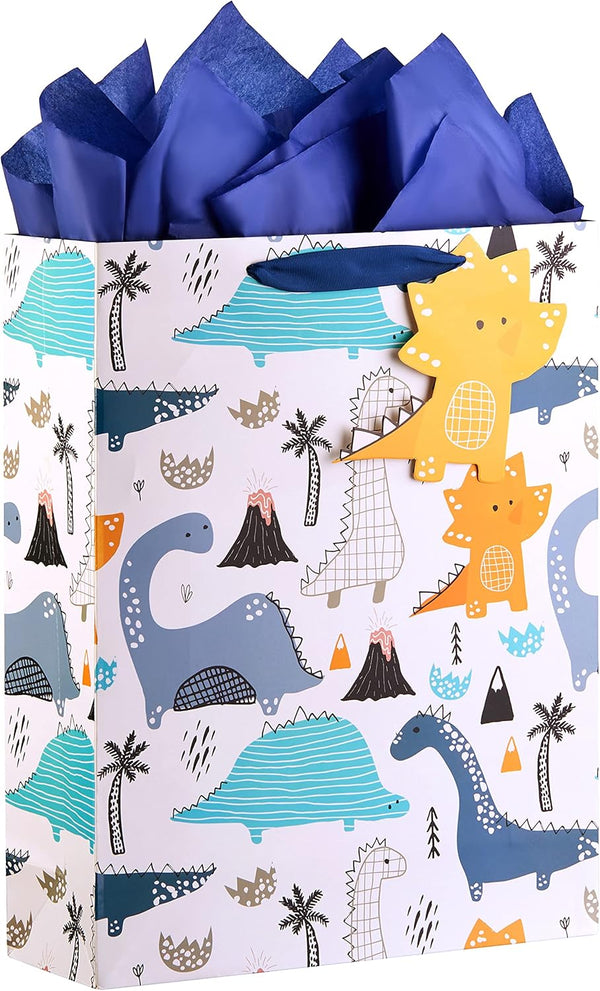 SUNCOLOR 16" Extra Large Gift Bag with Tissue Paper for Boys (Dinosaurs)