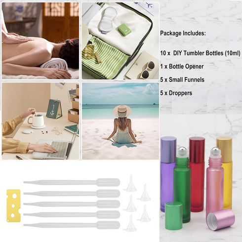 JIUWU 10pcs 10ml Essential Oils Stainless Steel Roller-on Bottles - Refillable Perfume Vials with Droppers